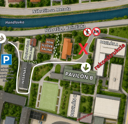 Ilustračná mapa areálu školy počas rekonštrukcie