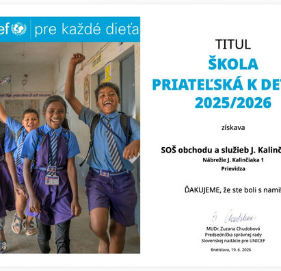 Ocenenie UNICEF za celoročné aktivity