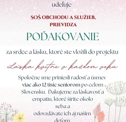 Ocenenie za projekt „Láska kvitne v každom veku“
